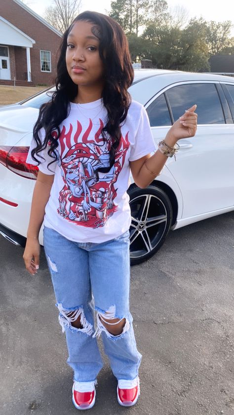 Cherry Red 11s Outfit Ideas, Id Picture Outfit, High School Outfits Black Women, Red Birthday Outfit Ideas, Cute Simple Outfits Black Women, Fly Fits, Teen Swag Outfits, Fly Outfit, Fasion Outfits