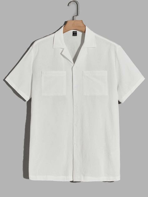 White Casual  Short Sleeve Cotton Plain Shirt  Non-Stretch Summer Men Tops White Collared Shirt Men, Half Sleeve Shirts For Men, Shikaku Nara, Collarless Shirt Men, Mens Half Sleeve, Black Pants Outfit, Heliot Emil, Stylish Shirts Men, Shein Men