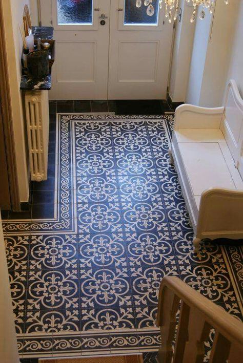 This floor!!! Moroccan (?) Tiles Blue & white Portuguese Tiles, Cement Tile, On The Floor, Tile Design, 인테리어 디자인, House Inspiration, The Floor, My Dream Home, Design Interior