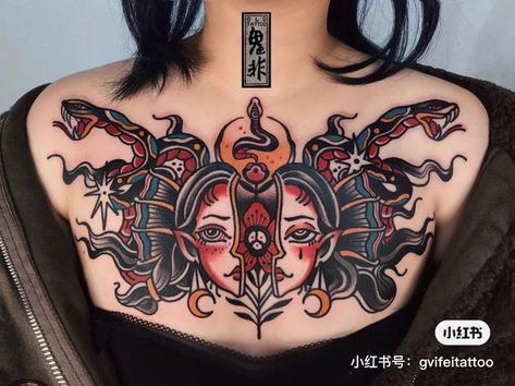 Female Chest Tattoo Traditional, American Traditional Tattoos Chest Women, Traditional Style Woman Tattoo, Women’s Traditional Chest Tattoo, Stomach American Traditional Tattoos, Neck Tattoos Women Traditional, Traditional Tattoo Chest Piece Women, Women Chest Tattoo Traditional, Chest Tattoo Female American Traditional