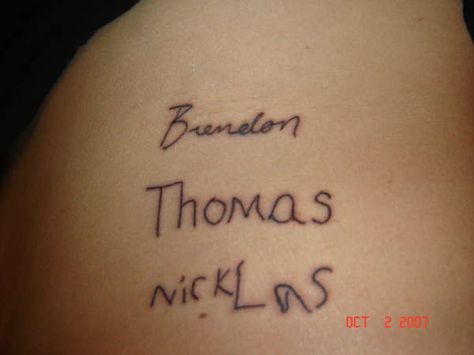 If I didn't already have my kids tattooed on me, I would have done it this way with their signature!  Too cute! Girl Spine Tattoos, Pictures Of Tattoos, Handwriting Tattoos, Name Tattoos For Moms, Cute Thigh Tattoos, Small Back Tattoos, Kid Name Tattoo, Tattoos With Kids Names, Writing Tattoos