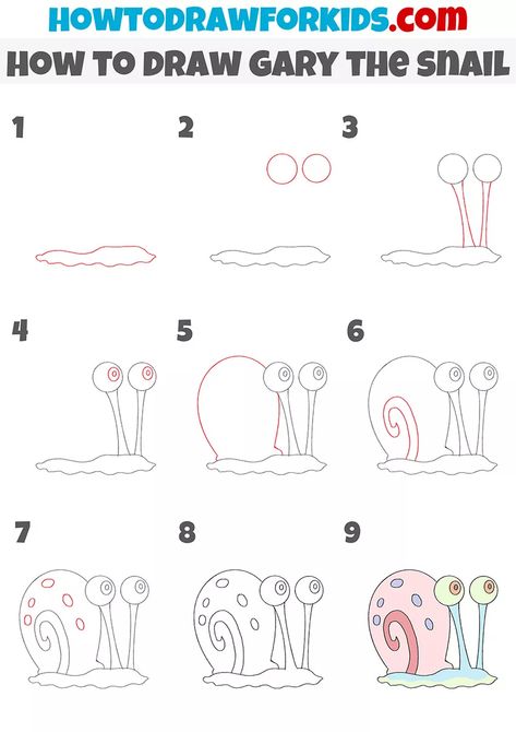 How To Draw Gary The Snail Step By Step, Snail Doodle Easy, Step By Step Drawing Characters, Learn How To Draw Step By Step, Gary Spongebob Drawing, How To Draw Spongebob Characters, Easy Snail Drawings, Step By Step Cartoon Characters, How To Draw Characters Step By Step