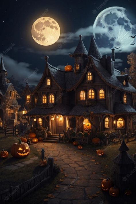 Premium AI Image | Realistic Halloween village environment in scary night 07 Horror Village, Haunted Village Art, Spooky Landscape Wallpaper, Village Environment, Spooky Seaside Town, Spooky Christmas Village, Spooky Village, Minecraft Halloween, Scary Night