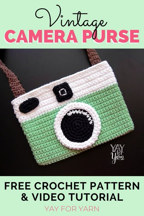 This retro crochet purse looks just like a vintage camera! It's the perfect size for carrying the essentials, and can also be made as a zipper pouch or cosmetic bag. Make one today with my FREE Crochet Pattern & Video Tutorial! #freecrochetpattern #crochetbag #crochetpurse #retrocrochet #vintagecrochet #yayforyarn Retro Crochet Patterns Free, Crochet Camera Bag, Camera Purse, Retro Crochet, Tote Crochet, Crochet Pouch, Crochet Vintage, Crochet Clutch, Crochet Purse