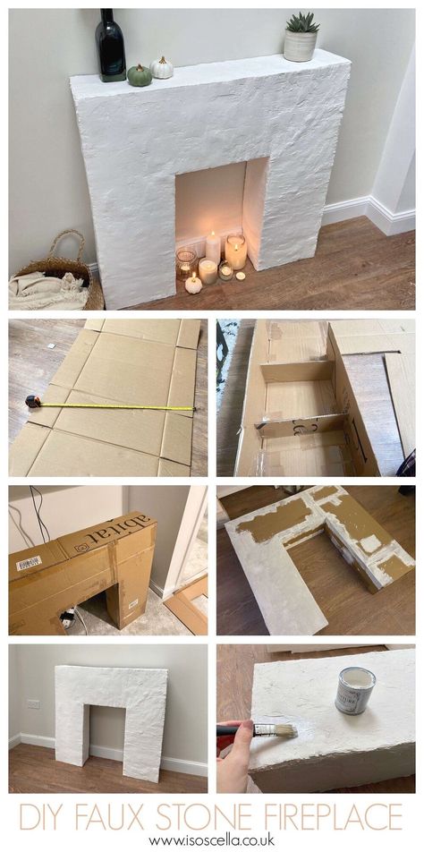 Diy Fireplace Boxes, How To Make Faux Fireplace, Creating A Fake Fireplace, Diy Fireplace With Boxes, Diy Fireplace Craft, Renter Friendly Diy Faux Fireplace, Build Faux Fireplace Diy, Faux Fireplace Cardboard, Diy Renter Friendly Mantle