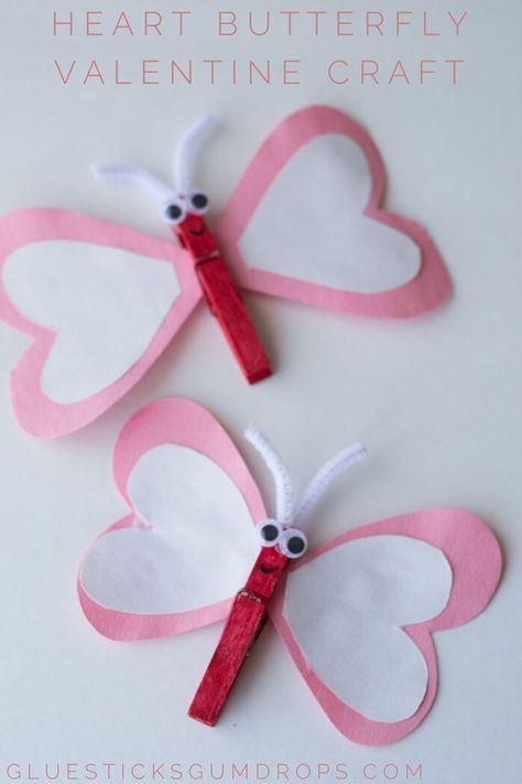 This heart butterfly craft for Valentine's Day is so cute! With heart-shaped wings and red, pink and white colors, the kids will love it. Valentine Craft Kids Easy, February Crafts, Easy Valentine Crafts, Valentine's Day Crafts For Kids, Preschool Valentines, Toddler Valentines, Valentine Crafts For Kids, Valentine Activities, Valentines Day Activities