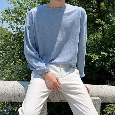 Pastel Male Outfits Aesthetic, Pastel Blue Outfit Men, Light Blue Korean Outfit, Light Blue Outfit Men, Pastel Male Outfits, Soft Boy Style, Sweats Aesthetic, Style Nam, Pastel Blue Outfit