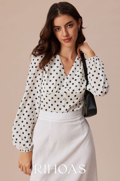 FREE STANDARD SHIPPING ON ORDERS OVER $69. Details: - White - Daily - Polka Dot - Button - Zipper - V-Neck - Lantern Sleeve - Long Sleeves - Regular - Slim Fit - Print - No Stretch - 100% Polyester - Machine wash or professional dry White Polka Dot Top Outfit, Polka Dot Top Outfit, Floral Tops For Women, Blouse Accessories, White Polka Dot Top, Womens Printed Tops, Polka Dots Outfit, Tailored Clothes, Lantern Sleeved Blouses