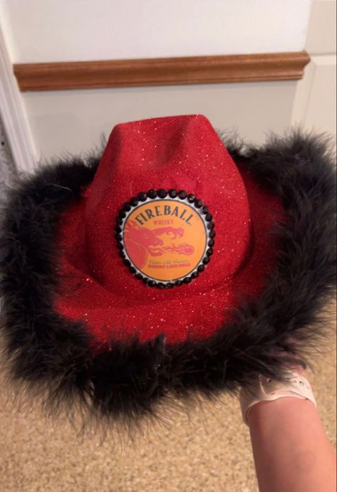 Cowboy Hat Drinks, 21 Cowboy Hat, Fireball Cowgirl Hat, Fireball Costume Halloween, Pink Whitney Costume, Fireball Cowboy Hat, Halloween Costumes Alcohol, Alcohol Halloween Costumes Cowboy Hats, Fireball Halloween Costume