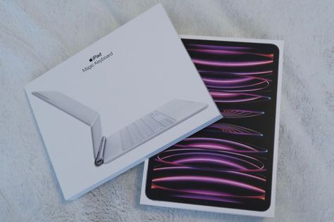 Overhead shot of Apple’s latest iPad Pro and Magic Keyboard in their respective boxes. Unboxing video linked to this pin :) Magic Keyboard Ipad, Ipad Pro 2022, Latest Ipad, Apple Keyboard, Magic Keyboard, Apple Cases, Unboxing Video, 2024 Vision, Ipad Keyboard