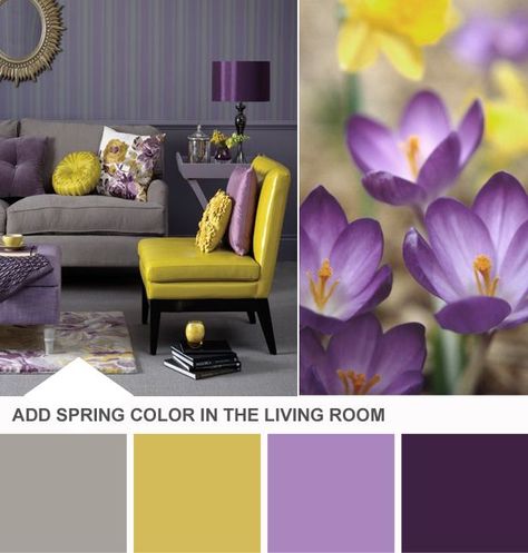 Purple Bedroom Color Scheme, Purple Gray Bedroom, Color Palette Living Room, Purple Bedroom, Yellow Living Room, Living Room Color Schemes, Trendy Living Rooms, Room Color Schemes, Bedroom Color Schemes