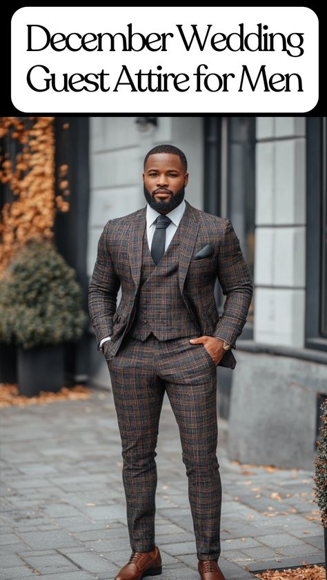 A stylish man in December wedding guest attire, wearing a tailored suit ideal for a winter celebration. Chocolate Mens Suit, Winter Wedding Suits For Men, Outfit For Wedding Guest Men, Winter Wedding Mens Attire, Winter Wedding Guest Outfit Men, Male Cocktail Attire, Wedding Guest Attire For Men, Mens Wedding Guest Outfit Fall, Classy Suits Men