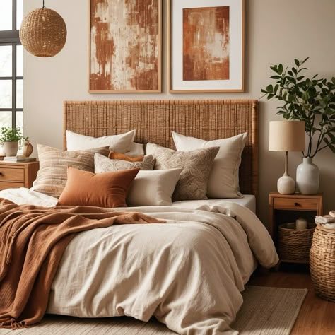 Terracotta Neutral Bedroom, Boho Neutral Bed, Cozy Terracotta Bedroom, Taupe And Terracotta Bedroom, Terracota Bedding Room, Terracotta Cream Bedroom, Terracotta And Wood Bedroom, Cream And Rust Bedroom, Terracotta And Cream Bedroom