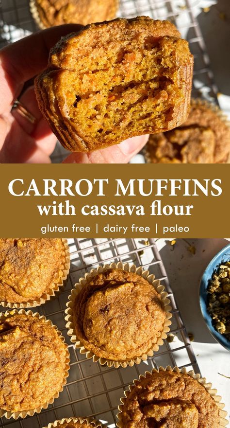 These carrot muffins are made with cassava flour and loaded with fresh carrots. They are moist, tender and fluffy - great for breakfast or snack and kid approved. This cassava flour muffin recipe is paleo friendly, gluten free, dairy free, refined sugar free and nut free. Paleo Carrot Muffins, Gluten Free Carrot Cake Muffins, Muffins Carrot, Carrot Muffins Easy, Clean Eating Muffins, Healthy Carrot Muffins, Healthy Carrot Cake Muffins, Carrot Muffin Recipe, Gluten Free Carrot Cake