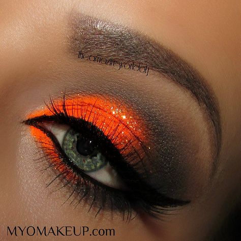 Hey Pumpkins 🎃 What do you think about me showing you a Hallowen makeup idea in September?😁 I had to come up with an idea for Myo's Ultra Bright Orange, and what would have been better than this? Screenshot & save into your 'ideas for Halloween' folder, how about that? lol Available at myomakeup.com soon for $5 and free shipping! Glitter used by @litcosmetics in Solar Blast size #3 Lashes are Pixie Luxe from @houseoflashes Dance Comp Makeup, Seussical Makeup, Pretty Eyebrows, Halloween Face Paint Ideas, Orange Eyeshadow Looks, Dancesport Hair, Halloween Eyeshadow, Eye Makeup Orange, Maquillage Halloween Simple