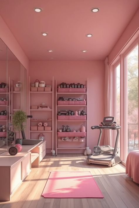 20+ Female Home Gym Ideas to Elevate Your Workout! Cute Home Gym Ideas, Feminine Home Gym, Gym Room Aesthetic, Girly Home Gym, Basement Dance Studio, Pink Home Gym, At Home Gym Ideas, Gym Setup Ideas, At Home Gym Room Small Spaces