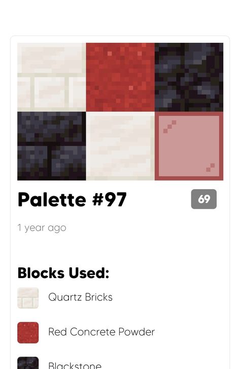 Minecraft Block Pallet Ideas, Mc Color Palette, Minecraft Block Palette Aesthetic, Minecraft Color Palette Blocks, Minecraft Nether Color Palette, Minecraft Palette Ideas, Minecraft Oak Palette, Minecraft Birch Palette, Medieval Color Palette Minecraft