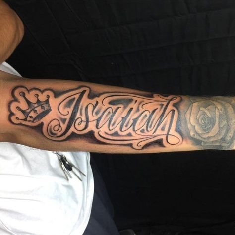 Different Neck Tattoos, Isaiah Name Tattoo Ideas, Forearm Name Tattoos, Forearm Tattoo Quotes, Names Tattoos For Men, Tattoo Lettering Design, Forarm Tattoos, Omerta Tattoo, Forearm Sleeve Tattoos