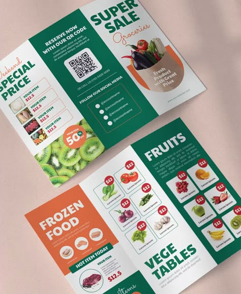 Supermarket Program Brochure Template AI, EPS Food Brochure Design Ideas, Pamplet Layout Design, Broucher Ideas Design, Supermarket Brochure, Pamphlet Layout, Food Brochure Design, Supermarket Advertising, Program Brochure, Brochure Design Ideas