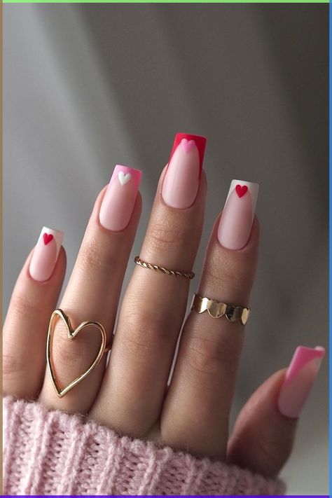 Planning a romantic dateComplete your look with these enchanting Valentine’s Day acrylic nailsdesigned to leave your loved one breathlessImage Creditnapaznokciach Pink Nails With Heart Design, Pink And Red Nail Designs, Red Pink Nails, Pink And Red Nails, Latte Nails, Nails Valentine, Festive Nails, Aura Nails, Yellow Nails Design