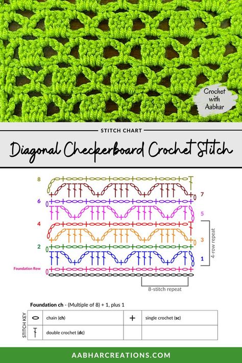 free printable crochet stitch chart for Diagonal Checkerboard crochet stitch from aabharcreations Crochet Stitch Chart, Diagonal Crochet, Checkerboard Crochet, Crochet Stitch Pattern, Lacy Crochet, Fillet Crochet Patterns, Crochet Stitches Chart, Crochet Stitches Diagram, Crochet Stitches Guide