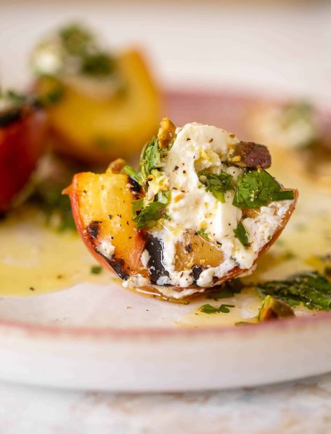 grilled peaches with burrata and pistachio vinaigrette Grilled Peaches With Burrata, Pistachio Vinaigrette, Herb Vinaigrette, Savory Dessert, Grill Time, Thanksgiving 2024, Grilled Peaches, Summer Appetizer, Summer Dishes