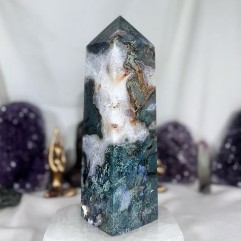 Moss Agate Tower- XLarge Connected With Nature, Motherly Love, Love Abundance, White Accents, Moss Agate, Great Outdoors, Deep Green, Earthy Tones, Green And White