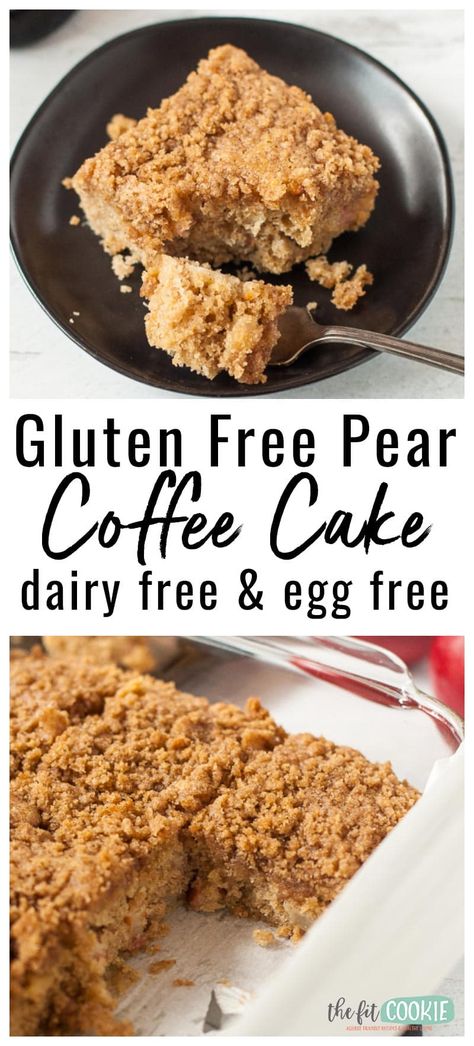 This moist and delicious Gluten Free Pear Coffee Cake is the perfect breakfast or brunch for company during the holidays! This coffee cake combines warming spices, soft pears, and buttery streusel. It's gluten free, dairy free, vegan, and nut free. | thefitcookie.com #glutenfree #dairyfree #coffeecake #vegan Pear Coffee Cake, Pear Dessert Recipes, Gluten Free Coffee Cake, Vegan Gluten Free Breakfast, Gluten Free Coffee, Celiac Recipes, Dairy Free Coffee, Pear Dessert, Pumpkin Coffee Cakes