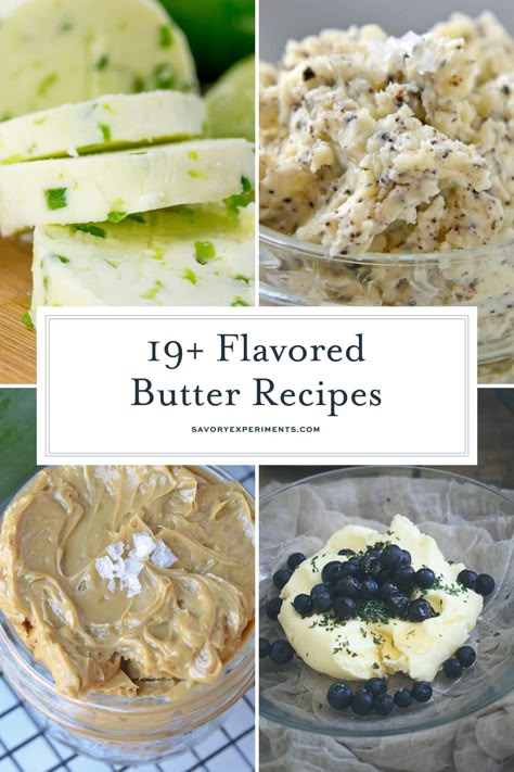 19+ Flavored Butters- Creating flavored butter adds sophistication to any meal. Skip the plain old butter and opt for a creative and unique compound butter. The perfect compound butter for steak, baked potatoes and more! #compoundbutter #flavoredbutter #finishingbutter www.savoryexperiments.com Butter Mixes, Compound Butter For Steak, Butter For Steak, Compound Butter Recipes, Recipes For Turkey, Butter Flavors, Butter Boards, Compound Butter Recipe, Flavored Butter Recipes