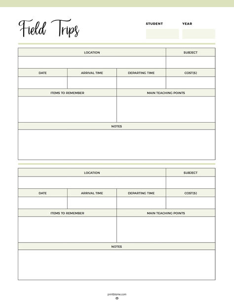 A printable Field Trip Planner with sections for location, subject, date, times, costs, items to remember, teaching points, and notes. Homeschool Field Trip Log, Field Trip Checklist, Trip Planning Template, Homeschool Field Trips, Moving Overseas, Teacher Planning, Travel Log, Trip Planner, Grade Book