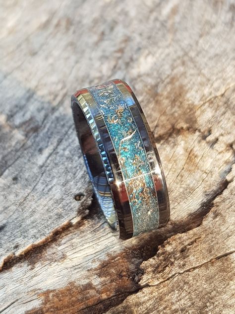 Meteorite Wedding Band Mens, Blue Space Background, Black Meteorite Wedding Band, Gold And Meteorite Ring, Mens Wedding Bands Meteorite Black, Black Opal Engagement Ring, Men’s Meteorite Ring, Dinosaur Ring, Glow Ring