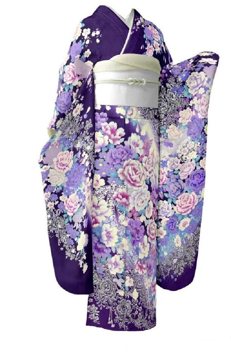 Pretty Kimonos, Kimono Traditional, Furisode Kimono, Kimono Set, Japanese Traditional Clothing, Cute Kimonos, Flower Kimono, Purple Outfit, Kimono Japan