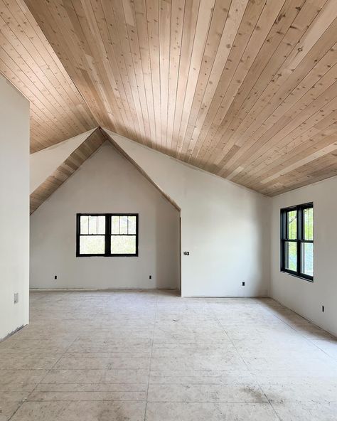 WOOD CEILING TRANSFORMATION. We had big dreams of a beautiful natural wood ceiling in the guest house but when we saw the red/orange ceiling we felt defeated. After considering our options of staining or painting we had a few samples boards made and found the perfect solution. Scroll all the way to the end for photos of the products used to achieve the lighter more natural looking wood. #woodceiling #guesthouses #vaultedceiling #naturalwood #modernrustic #rusticmodern Slotted Wood Ceiling, Wood Ceilings Wood Boards & Planks, Natural Wood Ceiling, Suspended Wood Ceiling, Wood Ceiling, Wood Planking Ceiling, Rough Sawn Wood Ceiling, Exposed Wood Ceilings, Plank Ceiling