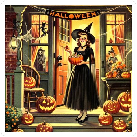 Decorate laptops, Hydro Flasks, cars and more with removable kiss-cut, vinyl decal stickers. Glossy, matte, and transparent options in various sizes. Super durable and water-resistant. Celebrate the nostalgic charm of Halloween with this "Vintage Halloween Witch Scene" illustration. This delightful artwork captures a classic Halloween night with a cheerful witch handing out treats at her decorated doorstep, surrounded by glowing jack-o'-lanterns and festive decorations. The retro style, reminisc Carvings Designs, 1950s Halloween, Vintage Halloween Art, Vintage Halloween Images, Photo Halloween, Carte Halloween, Halloween Illustration, Spider Webs, Halloween Images