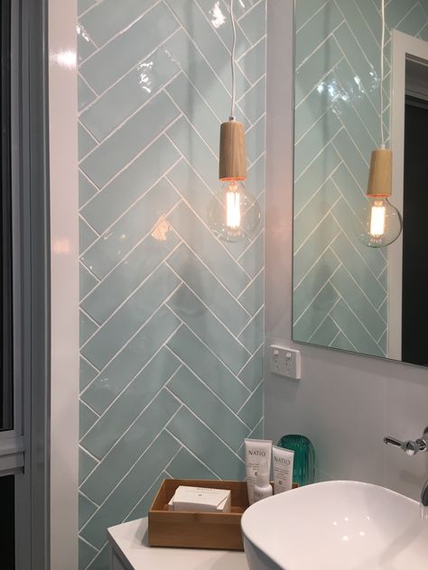 Manual Aqua tile from Canberra Tile & Design House in a herringbone pattern. Aqua Bathroom Tiles, Aqua Bathroom Tile, Aqua Tile Bathroom, Green Herringbone Tile Bathroom, Blue Herringbone Tile Bathroom, Bathroom Herringbone Tile, Herringbone Pattern Tile, Bathroom Extension, Toilet Tiles Design