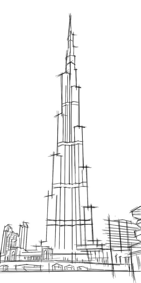 Azadi Tower Sketch, Architecture Sketches Simple, Skyscraper Architecture Drawing, Famous Architectural Buildings Sketches, Architecture Composition Drawing, Building Sketch Simple, Architecture Sketch Simple Building, Famous Building Sketches, Burj Khalifa Sketch