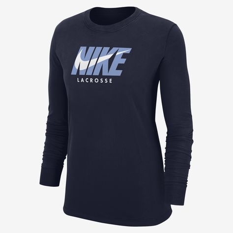 It's your game. Make sure everybody knows with this classic lacrosse long-sleeve. Lacrosse Mom Shirts, College Lacrosse, Women's Lacrosse, Lacrosse Mom, Womens Lacrosse, Long Sleeve Swim, Nike Short, Nike Long Sleeve, Blue Nike