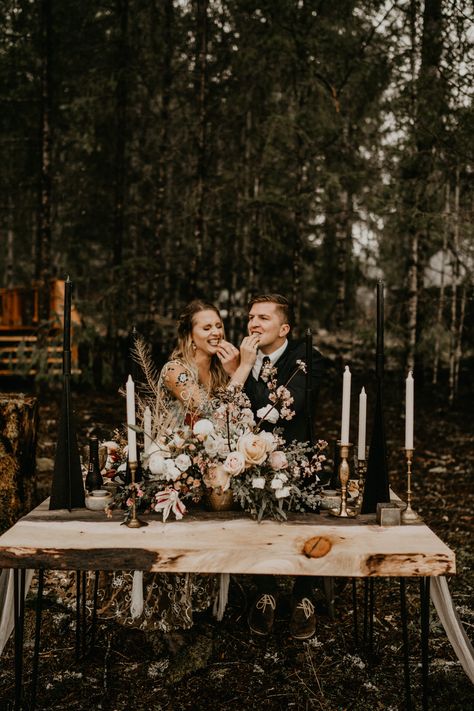 PNW A-Frame Cabin Elopement Inspiration at Mount Rainier National Park — Henry Tieu Photography 📸 Earthy Elopement, Henry Tieu, Cabin Elopement, Brides Table, Tall Candlesticks, Wedding Reception Photography, Forest Cabin, Frame Cabin, Iceland Wedding