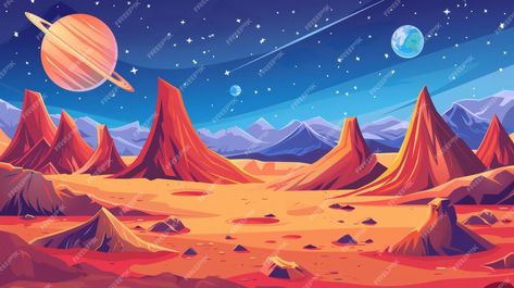 Premium Photo | Landscape of Mars an alien planet with red ground mountains stars Saturn and Earth in the sky Modern illustration of a cosmos and red martian surface Mars Illustration, Planet Photos, Planet Landscape, Planet Pictures, Alien Landscape, Mars Planet, Planet Design, Photo Landscape, Space Cowboys