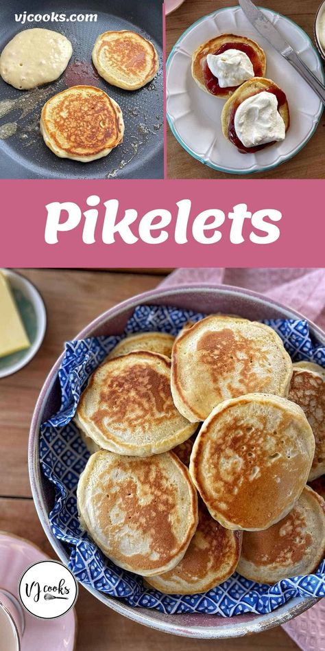 Light and fluffy pikelets made plain flour, baking powder, sugar, salt, egg and milk. Serve with butter, jam and cream. Thick Pancakes, Pikelet Recipe, Vj Cooks, Tea Afternoon, Tea Breakfast, Orange Scones, Gluten Free Salads, Pancake Recipes, Powder Sugar