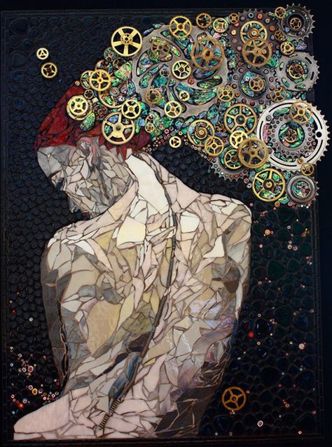 These beautiful mixed media artworks combine mosaic and mechanical objects such as gears and watches. Fascinating stuff! Laura Harris, Mirror Paintings, Mosaic Portrait, Mosaic Stained, Custom Mosaic, Mosaic Ideas, Mosaic Artwork, Wow Art, Painting Lessons