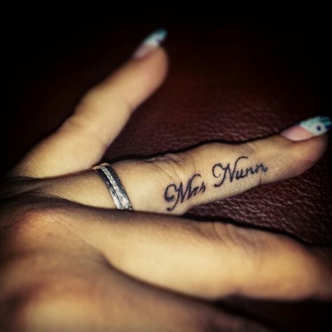 My MRS tattoo dedicated to my Husband; Andy #MrsNunn #Husband&Wife #RingFingerTattoo Tattoo Dedicated To Husband, Mrs Tattoo, Daughter Tattoo, Ring Finger Tattoos, To My Husband, Tattoos For Daughters, Husband Wife, Jesus Fish Tattoo, My Husband