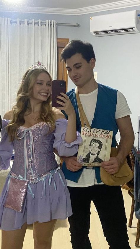 Rapunzel And Flynn Rider Halloween Costume, Rapunzel Halloween Outfit, Rapunzel Flynn Rider Costume, Rapunzel Couple Costume, Flynn Rider Halloween Costume, Tangled Couples Costume, Flynn Rider And Rapunzel Costume, Rapunzel And Eugene Costume, Rapunzel Costume Ideas