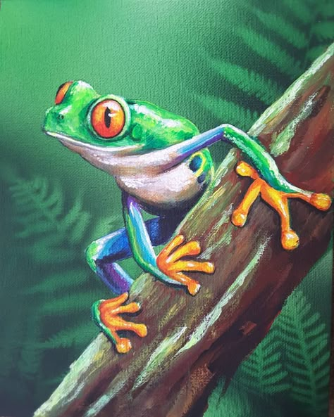 sandy 🎨artist on Instagram: “Just a little one #Frog #painting #art #rainforest #frogart” Rainforest Painting Acrylic, Mushroom Frog Painting, Cute Frog Painting, Rainforest Painting, Rainforest Frog, Frog Painting, Painted Records, Green Tree Frog, Jungle Mural