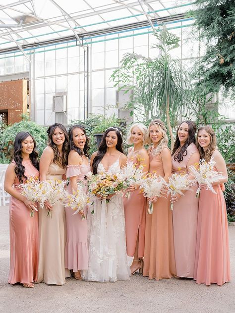 Melon Color Dress, Peachy Orange Bridesmaid Dresses, Blush Peach Bridesmaid Dresses, Hawaiian Shirt Wedding Party, Pink And Orange Bridesmaids Dresses, Pink And Peach Bridesmaid Dresses, Dusty Coral And Blush Wedding, Peach Bridesmaids Dresses, Peach Pink Bridesmaid Dresses