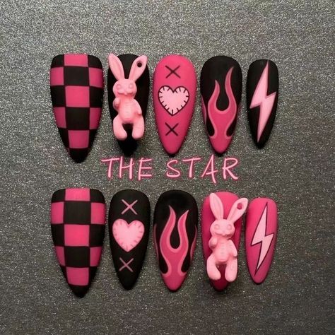 Pastel Goth Nails Short, Goth Press On Nails, Emily The Strange Nails, Nails Rabbit, Pastel Goth Nails, Black Fake Nails, Nails Shape, Press Nails, Fake Nails Designs