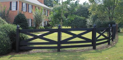 3-Rail Crossbuck w/ 6x6 French Gothic Posts | Accurate Fence, Atlanta Fence Company Fence Farmhouse, Post And Rail Fence, Farm Entrance, Fence Door, Farmhouse Backyard, Wood Fence Design, Fence And Gate, Split Rail Fence, Country Fences