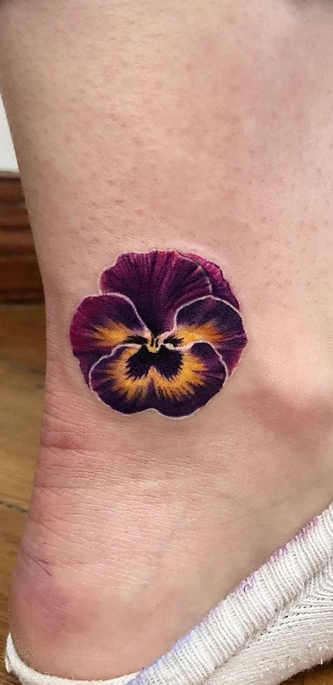 Pansy And Lavender Tattoo, Pink Purple Tattoo, Pansies Flower Tattoo, Pansy Tattoo Color, Watercolor Pansy Tattoo, Pansy Tatoos, Petunia Tattoo Design, Small Pansy Tattoo, Pansy Flowers Tattoo