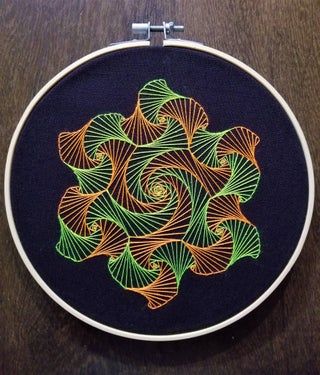 Math Embroidery Designs, Embroidery Zentangle, Liquid Embroidery Designs, Parabolic Curve Art, Complex Embroidery, Geometry Embroidery, Sewn Art, Liquid Embroidery, Geometric Pattern Embroidery