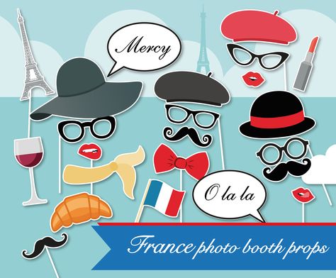 Paris Photo Booth, French Themed Birthday Party, French Themed Birthday, Germany Party, Paris Party Decorations, French Themed Parties, French Party, Party Photo Booth Props, Parisian Party